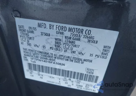 2006 Ford F-150 Fx4/Lariat/Xlt from USA, damaged, VIN 1FTPW14516FA10826